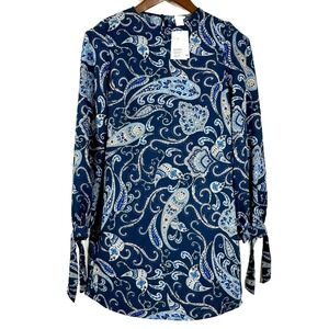 HM Blue Paisley Long Sleeve Mini Dress Long Sleeves Tie Cuff Shift Size 2